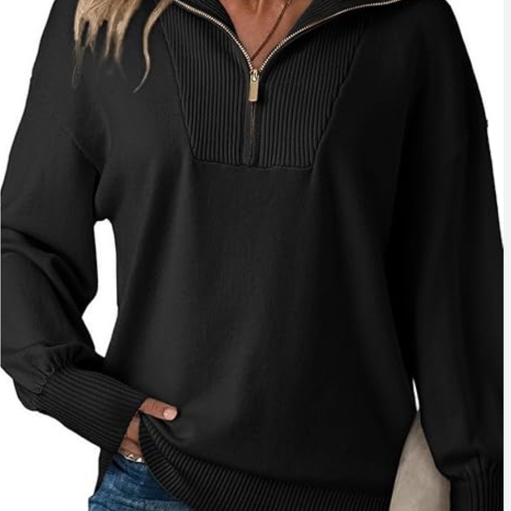 Aerie Black Ribbed Quarter-Zip Sweater